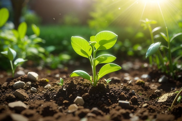 Green sprout growing in garden with sunshine