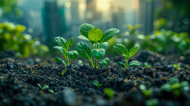 Green sprout growing in the ground with cityscape background selective focus