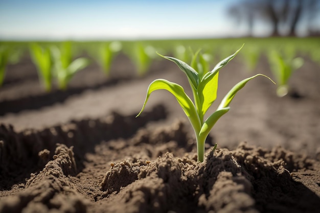 Green sprout growing out from soil in the field Generative ai Young plant in ground