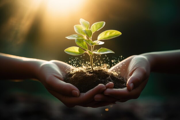 緑の芽は男の手で 環境を救う 地球の日コンセプト