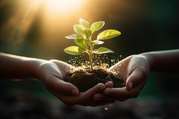 Green sprout in the hands of a man Save the environment Earth Day concept