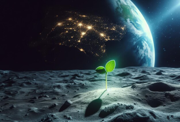 Зеленый почки на лунной поверхности рождение новой жизни