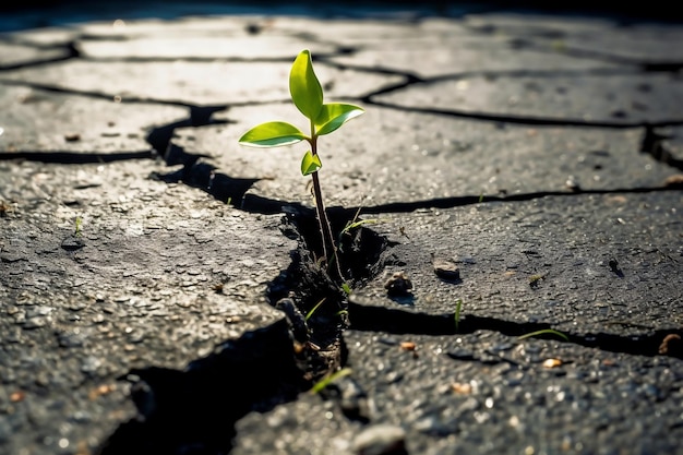 写真 ひび割れた表面から緑の芽が出る生成 ai