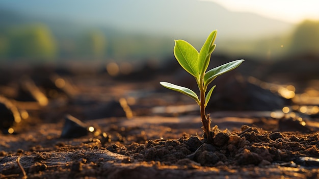 A green sprout of a tree grows alone in the desert