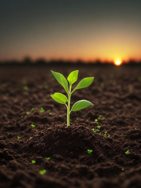 Green sprouts in dark soil against a blurred background symbolize growth and potential with the sun