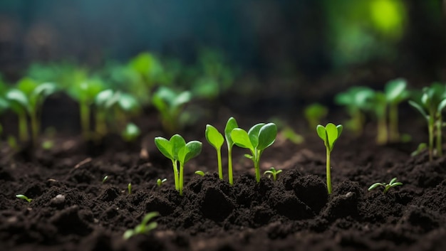 Green sprouts in dark soil against a blurred background symbolize growth and potential