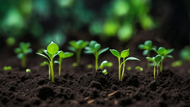 Green sprouts in dark soil against a blurred background symbolize growth and potential