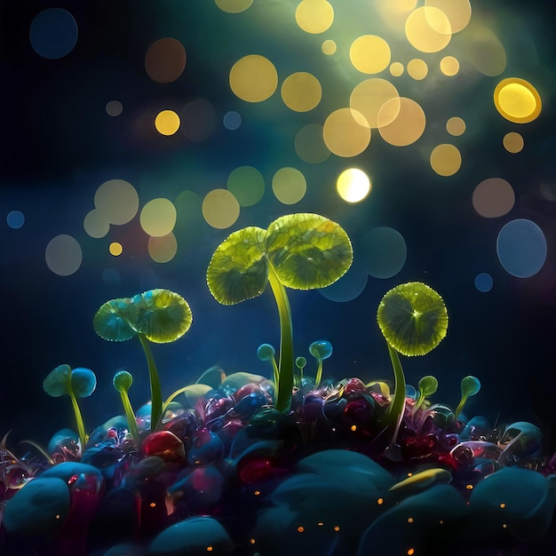 Green sprouts in dark soil against a blurred background symbolizing the concept of growth and potent