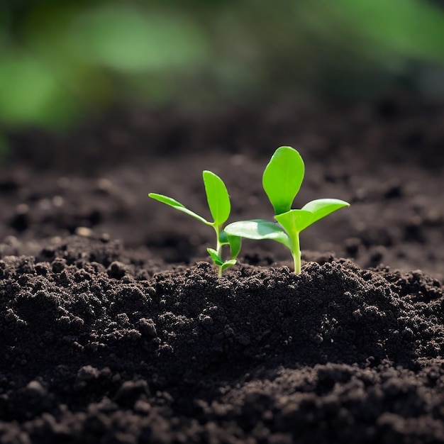 Green sprouts in dark soil against a blurred background symbolizing the concept