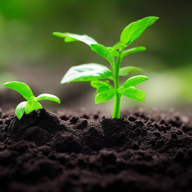 Green sprouts in dark soil against a blurred background symbolizing the concept