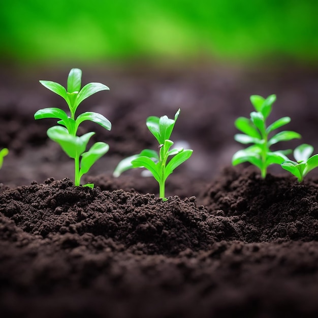 Green sprouts in dark soil against a blurred background symbolizing the concept