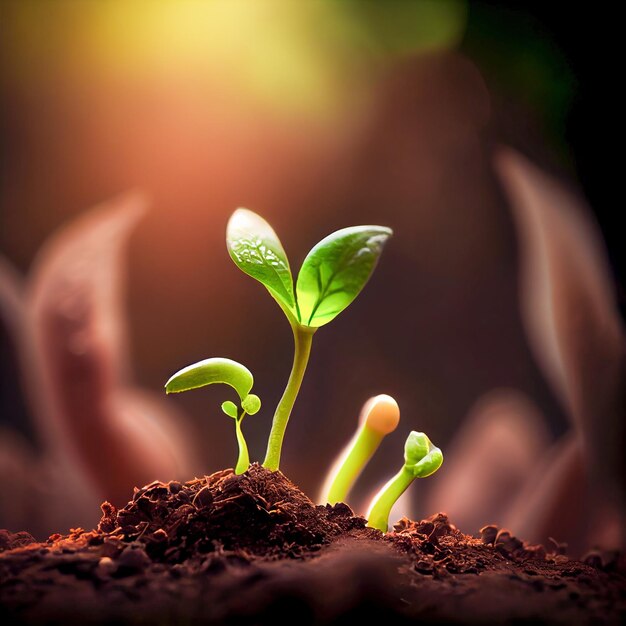 Green sprouts growing out from soil