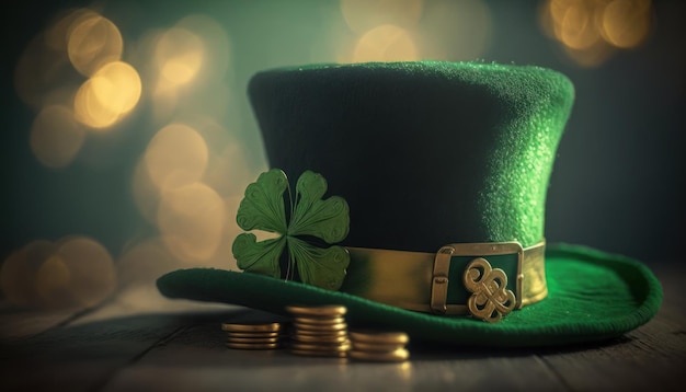 Green St Patricks hat with shamrock and golden coins