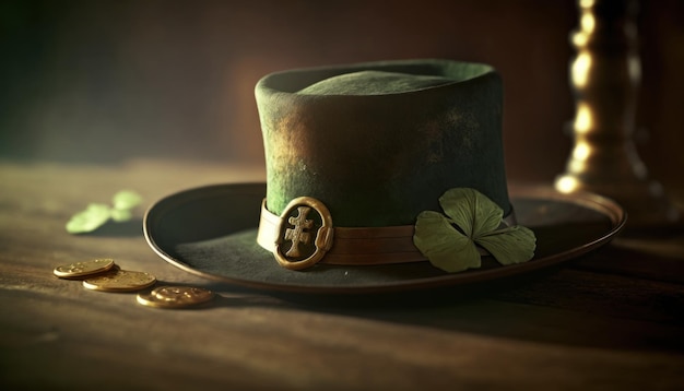 Green St Patricks hat with shamrock and golden coins