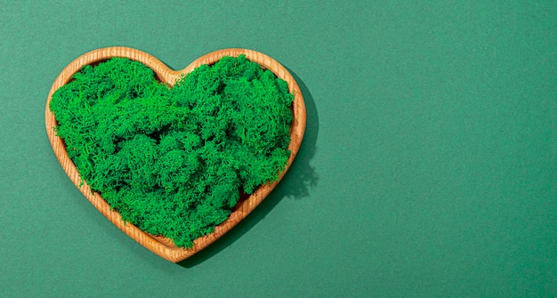 Muschio stabilizzato verde su un cuore di legno e uno sfondo verde amore concetto di natura cura per l'ambiente banner web con decorazioni di muschio conservato con spazio di copia