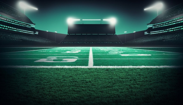 A green stadium with a football field and lights that says football on it.
