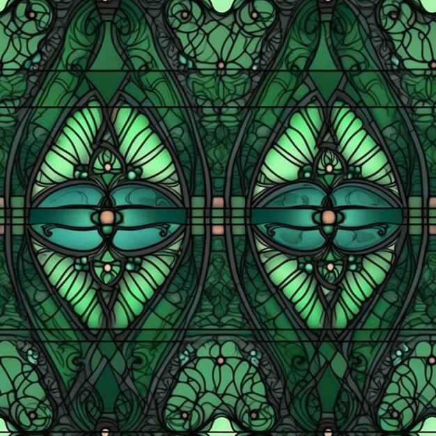 A green stained glass window with a green background