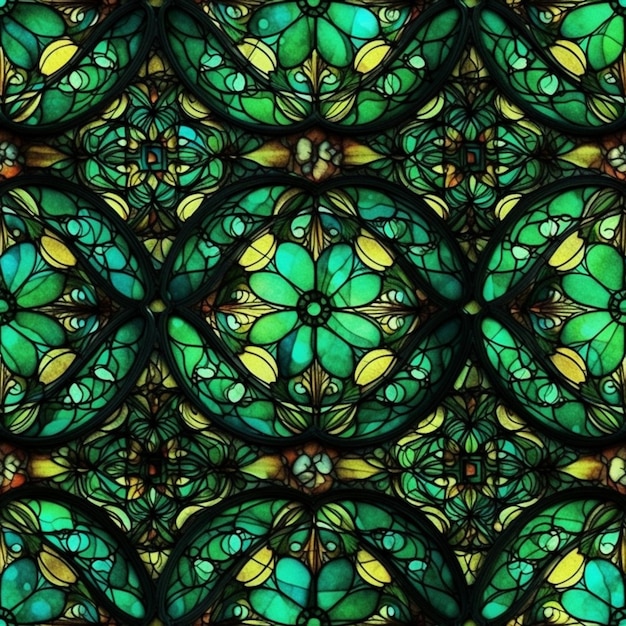 A green stained glass window with a green background.