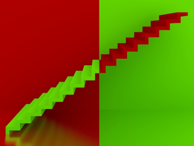赤い背景の緑の階段