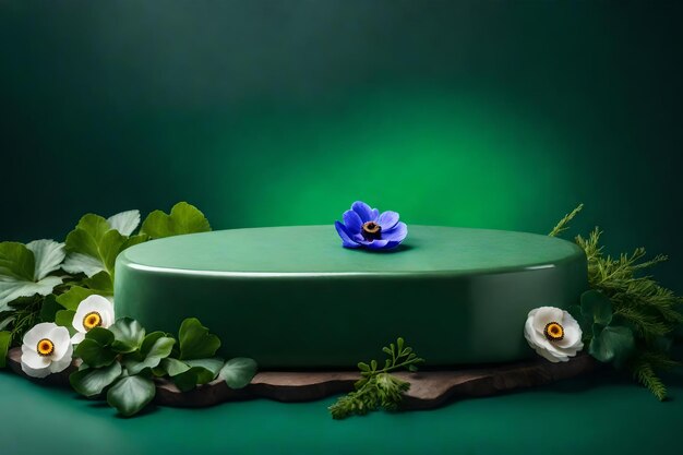 Green stone podium with anemone flower