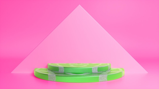 Зеленый полосатый подиум на розовом абстрактном треугольном фоне Premium Фотографии