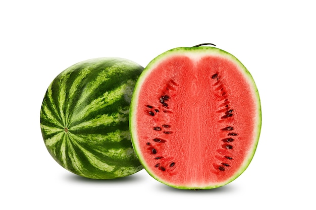 Photo green striped watermelon with half