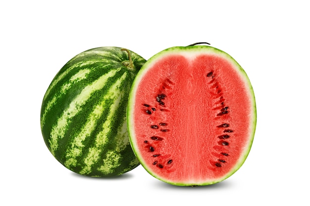 Photo green striped watermelon with half