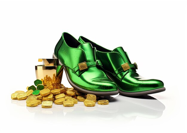 Green stylish shoes of a leprechaun with gold coin on white background
