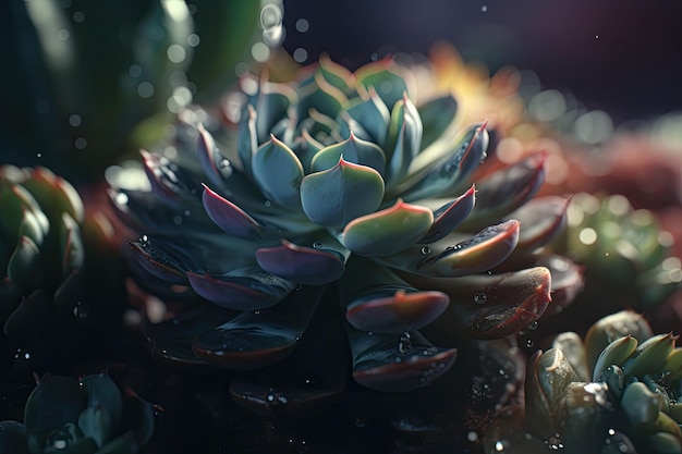 Зеленое суккулентное растение с каплями воды Поразительный макроснимок Генеративный ИИ