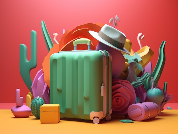 A green suitcase is surrounded by flowers and cactuses.