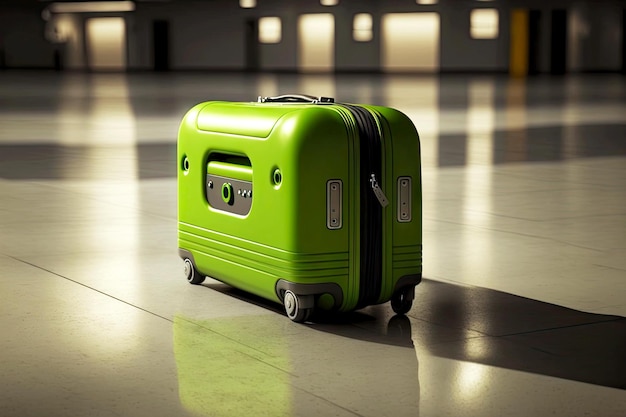 Green suitcase left alone on conveyor in airport baggage claim area