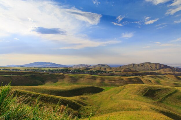 Green summer blooming hills against the background of mountains and sky