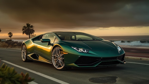 Green Super Sports car in cloudy dark day