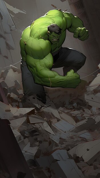 Photo a green superhero in a pile of broken pieces