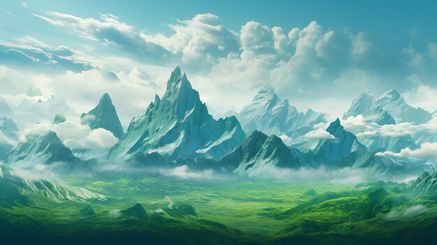 Green surreal mountains against the backdrop