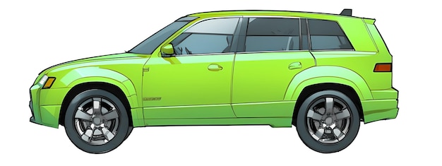 A green suv is shown in a cartoon style with a white background and a black outline AI