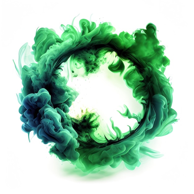 Green swirling smoke circle frame isolated on white background