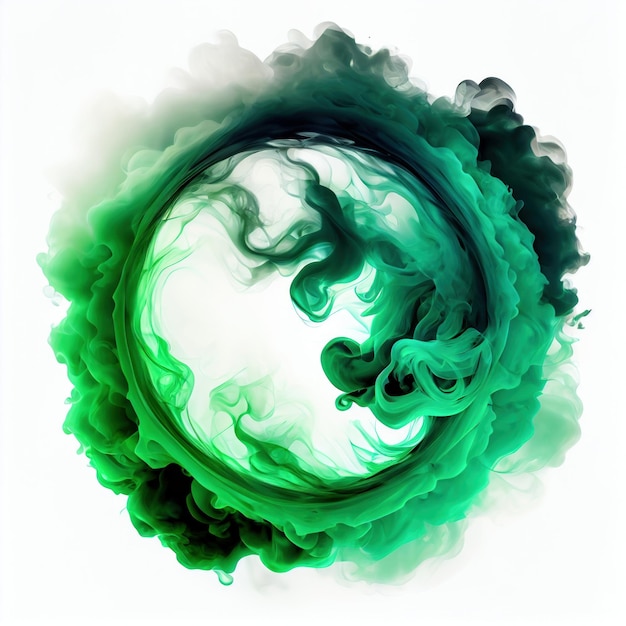 Green swirling smoke circle frame isolated on white background