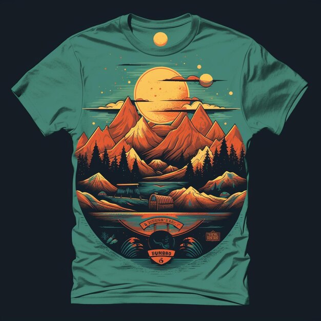 a green t shirt with a mountain scene and a lake generative ai