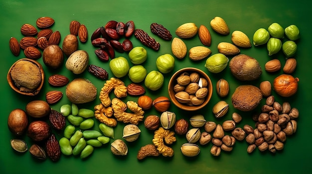 A green table full of nuts and nuts