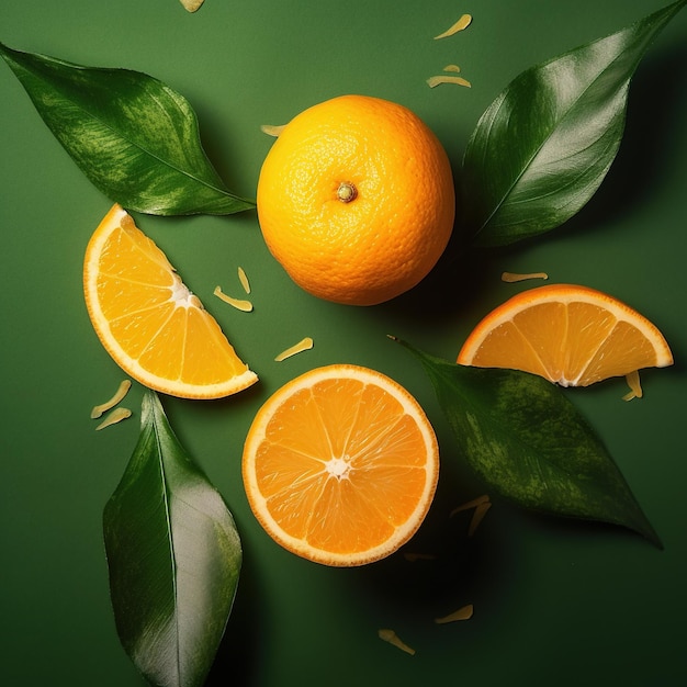 A green table with leaves and an orange on it