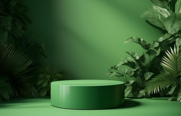 Зеленый стол с круглым зеленым предметом на нем.