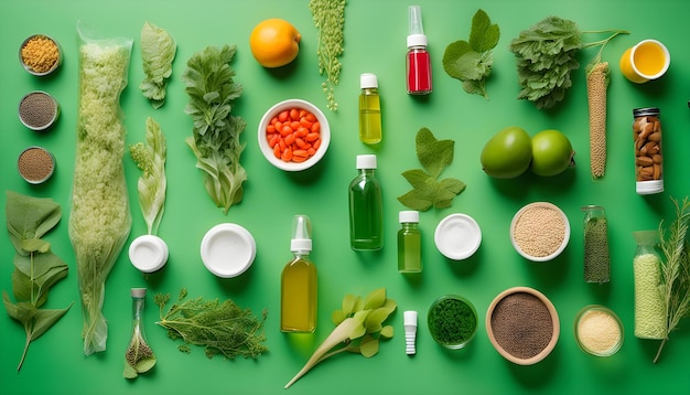 a green table with various fruits and vegetables on it