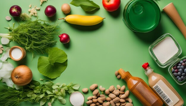 a green table with various ingredients including a bottle of olive oil a bottle of olive oil and a bottle of olive oil