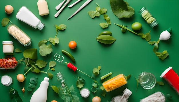 オリーブオイルのボトルやレレと書かれたステッカーを貼った緑色のオブジェクトを含む様々なアイテムの緑色のテーブル