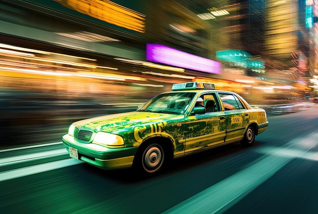 일본 추상화 스타일의 조명 표지판이 있는 거리의 녹색 택시