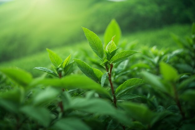 Green tea bud and leaves Green tea plantations in the morning Generative AI