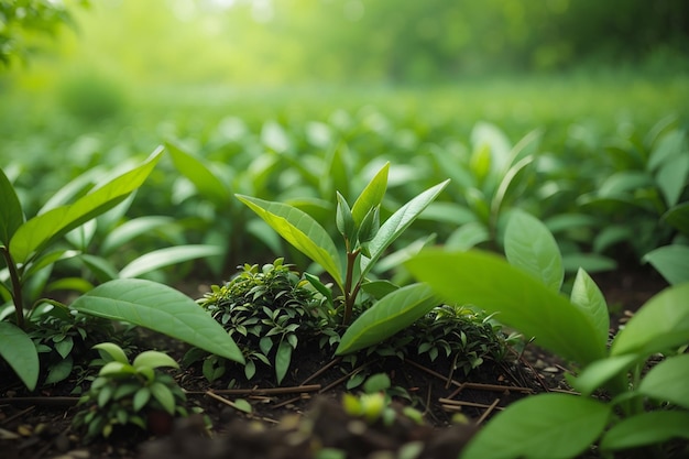 Green tea bud and leaves green tea plantations in morning