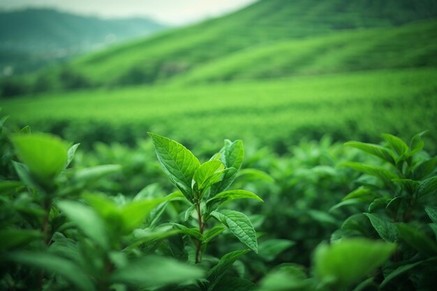 Green tea bud and leaves green tea plantations in morning