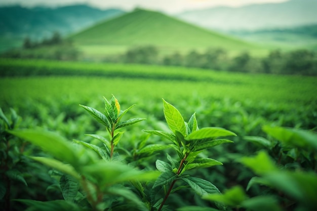 Green tea bud and leaves green tea plantations in morning